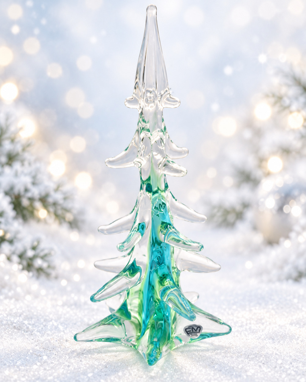Vintage FM Konstglas Ronneby Sweden Green Clear Art Glass Christmas Tree 11.5”